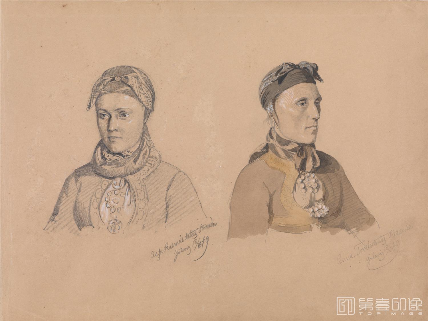 素描-挪威艺术博物馆藏画-Adolph Tidemand -Aase Rasmusdatter Stranden and Anna Troelsdatter Kittelsviken-003